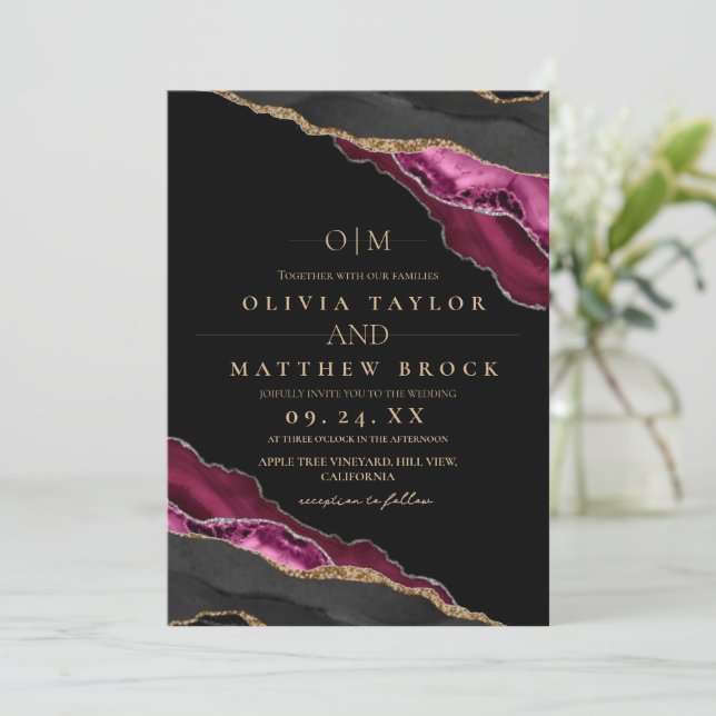 Invitation Art moderne Maron Black Gold Agate Mariage (Debout devant)