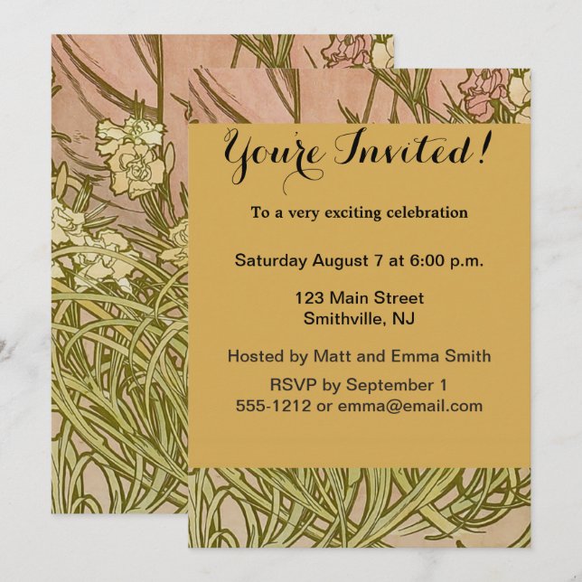 Invitation Art Nouveau Alphonse Mucha Fleurs de carnation flo (Devant / Derrière)