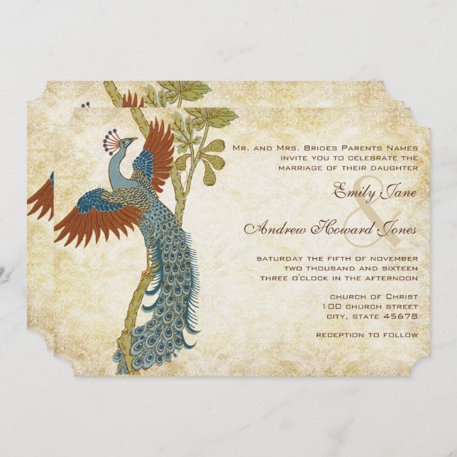Invitation Art Nouveau Art Déco Peacock Birds Mariage (Devant / Derrière)