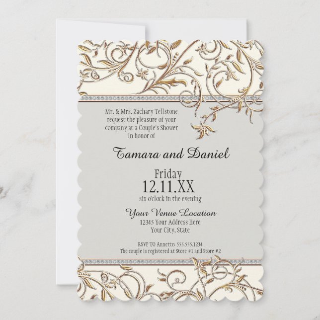 Invitation Art Nouveau Bijou floral en feuille avec dorure (Devant)