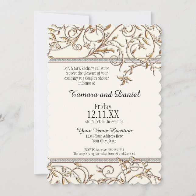 Invitation Art Nouveau Bijou floral en feuille avec dorure (Devant)