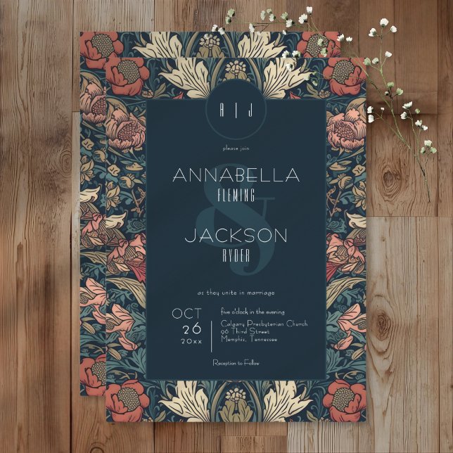 Invitation Art Nouveau Blue William Morris Floral Wedding (Art Nouveau Blue William Morris Floral Wedding Invitation)