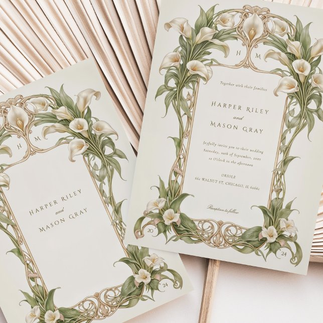 Invitation Art Nouveau Calla Lily Mariage en ivoire et vert (Créateur téléchargé)