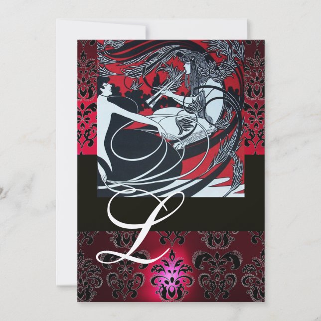 INVITATION ART NOUVEAU CHAMPAGNE NOIR ROUGE DAMASK MONOGRAM (Devant)