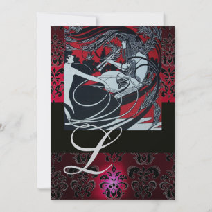 INVITATION ART NOUVEAU CHAMPAGNE NOIR ROUGE DAMASK MONOGRAM