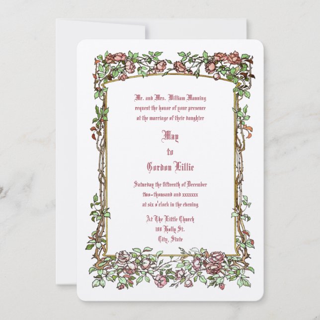Invitation Art Nouveau Couleur Rose Floral Mariage frontalier (Devant)