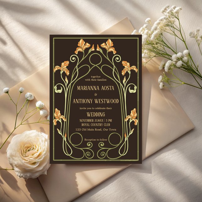 Invitation Art nouveau dark brown elegant wedding (Art nouveau dark brown floral arch elegant wedding invitation cards template)