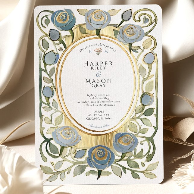 Invitation Art Nouveau Dusty Blue & Gold Roses Wedding (Créateur téléchargé)