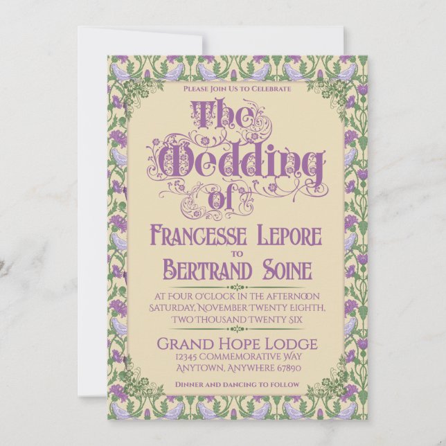 Invitation Art Nouveau Elegant Lovebirds Vintage Yellow  (Devant)