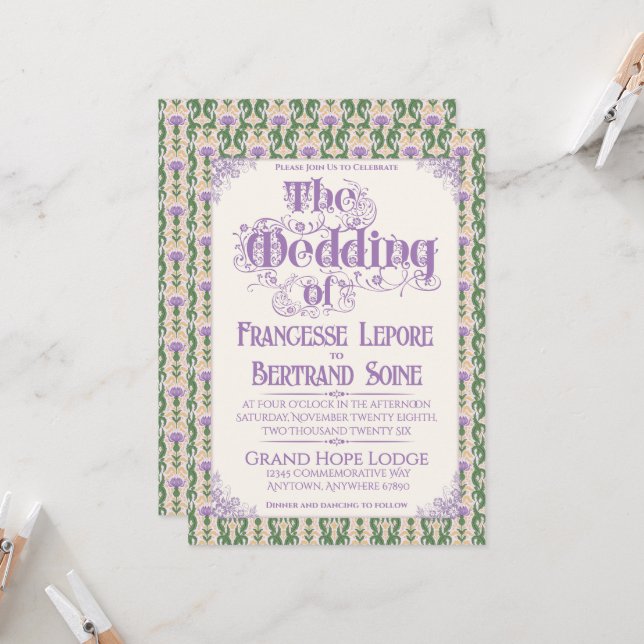 Invitation Art Nouveau Elegant Thistle Butter Yellow (Devant/Arrière en situation)