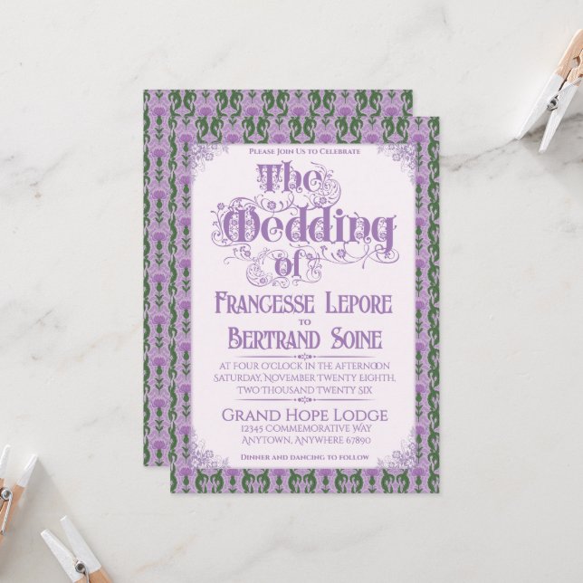 Invitation Art Nouveau Elegant Thistle Lilac (Devant/Arrière en situation)