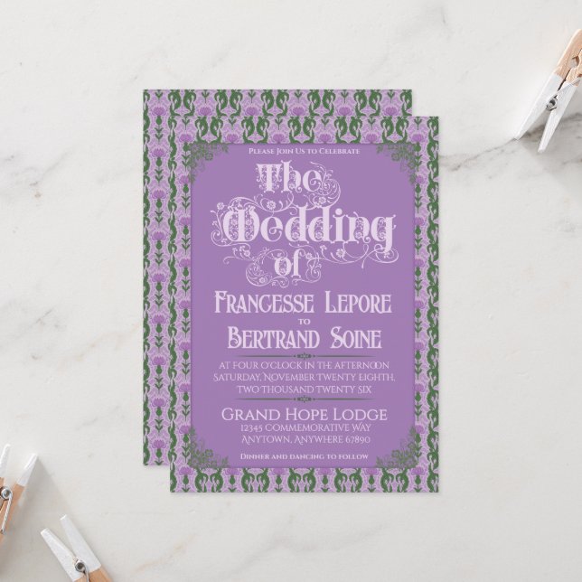 Invitation Art Nouveau Elegant Thistle Royal Lavender (Devant/Arrière en situation)