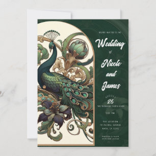 Invitation Art Nouveau Green Emerald Mariage Peacock Vintage
