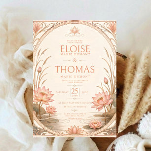 Invitation Art Nouveau Lotus Mariage Rose Pâle Nénuphar