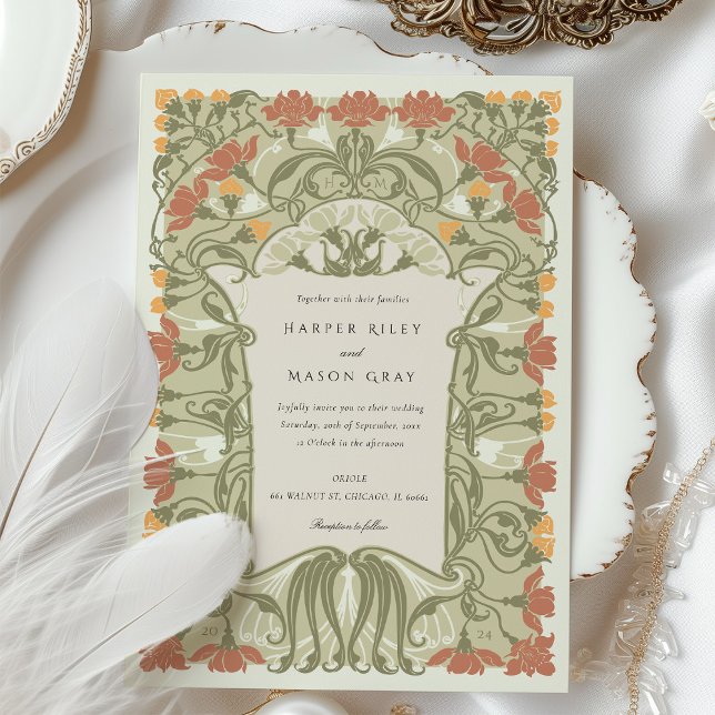 Invitation Art Nouveau Mariage floral dans les tons chauds de (Créateur téléchargé)