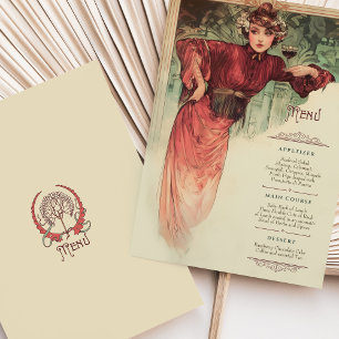 Invitation Art Nouveau Menu Mariage Vintage Lady Red Gown