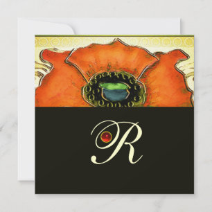 INVITATION ART NOUVEAU MONOGRAMME DE COQUELICOT ROUGE VERT ST