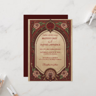 Invitation Art Nouveau Mucha vintage bordeaux Fleurs Mariage