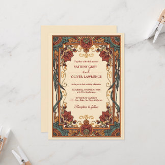 Invitation Art Nouveau Mucha vintage burgundy Floral Wedding