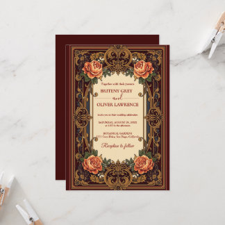 Invitation Art Nouveau Mucha vintage burgundy Floral Wedding