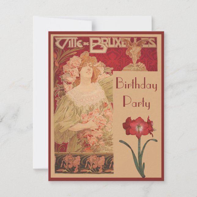 Invitation Art nouveau Red Amaryllis & Lady Birthday Party (Devant)
