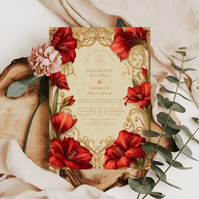 Invitation Art Nouveau Red Amaryllis Mariage (Créateur téléchargé)