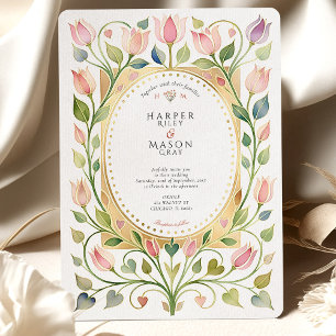Invitation Art Nouveau Romantique Mariage Tulipe & Cœurs Or