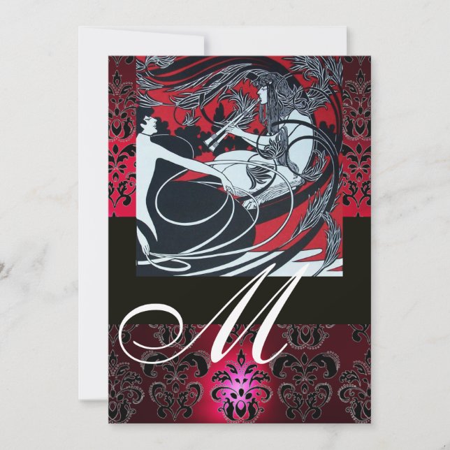 Invitation ART NOUVEAU ROUGE NOIR BLANC DAMASK MONOGRAM, Ruby (Devant)