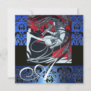 INVITATION ART NOUVEAU ROUGE NOIR BLEU BLANC DAMASSÉ MONOGRAM
