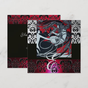 INVITATION ART NOUVEAU ROUGE NOIR GRIS ARGENT DAMASSÉ MONOGRA