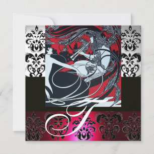 INVITATION ART NOUVEAU ROUGE NOIR GRIS BLANC DAMASSÉ MONOGRAM