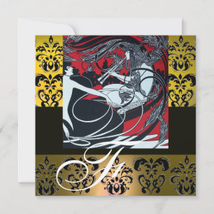 INVITATION ART NOUVEAU ROUGE NOIR JAUNE BLANC DAMASSÉ MONOGRA