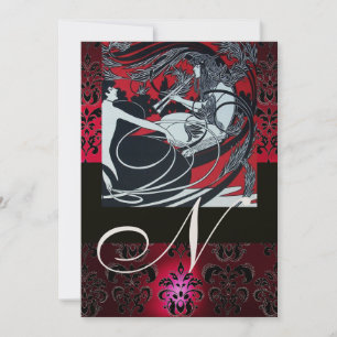 Invitation ART NOUVEAU ROUGE NOIR OR DAMASSÉ MONOGRAMME ,rubi