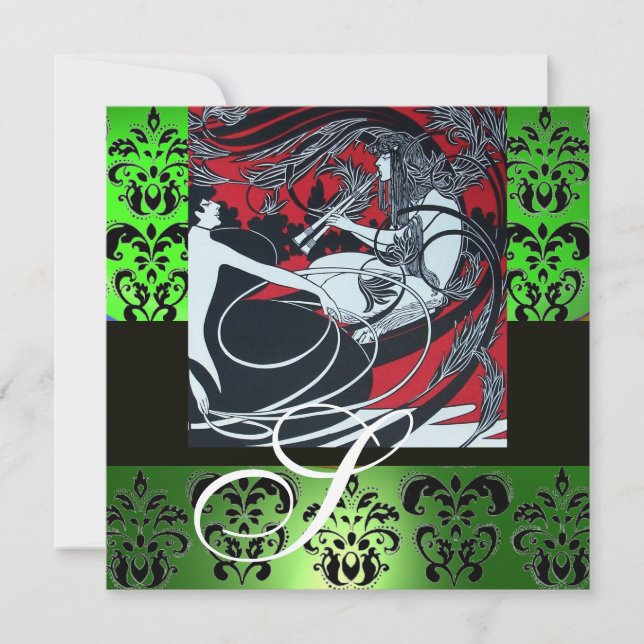 INVITATION ART NOUVEAU ROUGE NOIR VERT BLANC DAMASSÉ MONOGRAM (Devant)