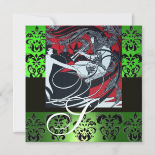INVITATION ART NOUVEAU ROUGE NOIR VERT BLANC DAMASSÉ MONOGRAM