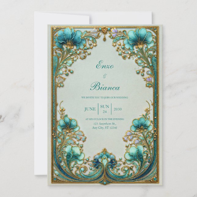 Invitation Art Nouveau Turquoise Floral Gilded Wedding (Devant)