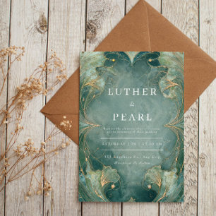 Invitation Art Nouveau Vert Bleu Profond Doré Feuille de Gink