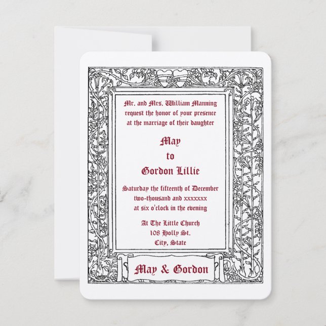 Invitation Art Nouveau Vin Floral Frontière & Coeurs Mariage (Devant)