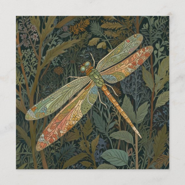 Invitation Art nouveau vintage libellule vert or (Devant)