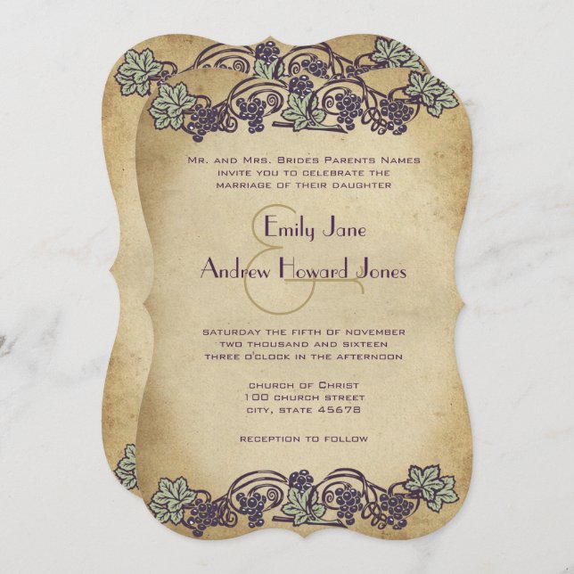 Invitation Art Nouveau Vintage Purple Vineyard Mariage Invita (Devant / Derrière)