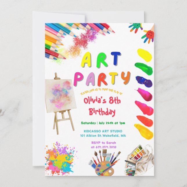 Invitation Art Party Birthday Colorful Rainbow Paint (Devant)
