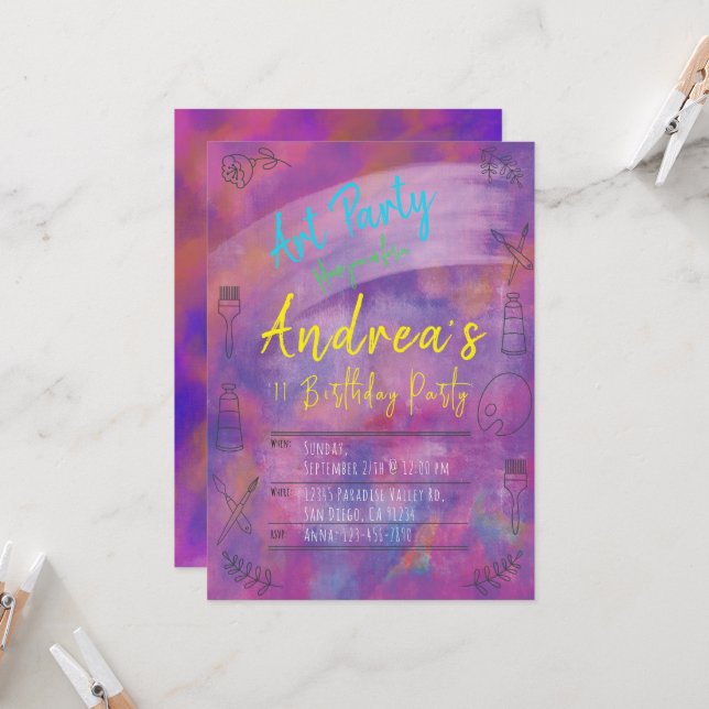 Invitation Art Party - fête d'anniversaire (Devant/Arrière en situation)