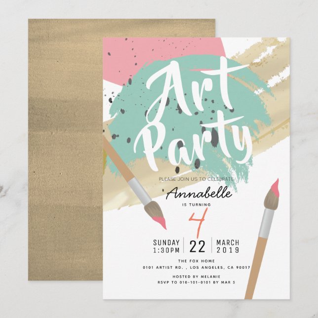 Invitation Art Party moderne design GIrl Anniversaire (Devant / Derrière)
