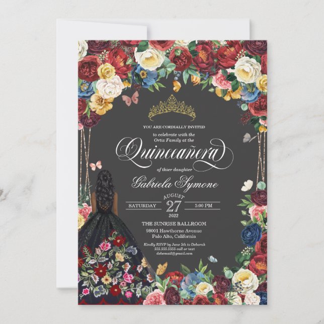Invitation  Art populaire Broderie Papillon Floral Quinceaner (Devant)