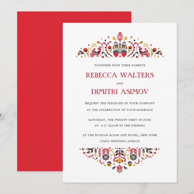 Invitation Art populaire russe Khokhloma Flower Mariage Invit (Devant / Derrière)