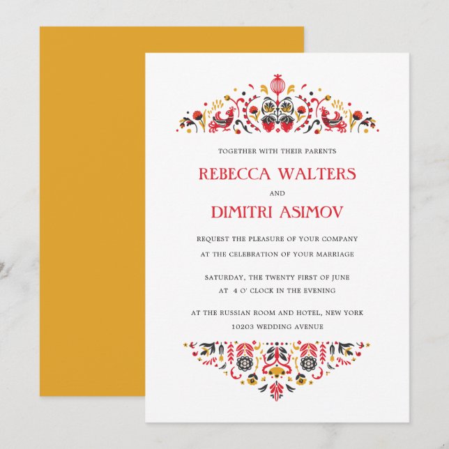 Invitation Art populaire russe Khokhloma Flower Mariage Invit (Devant / Derrière)