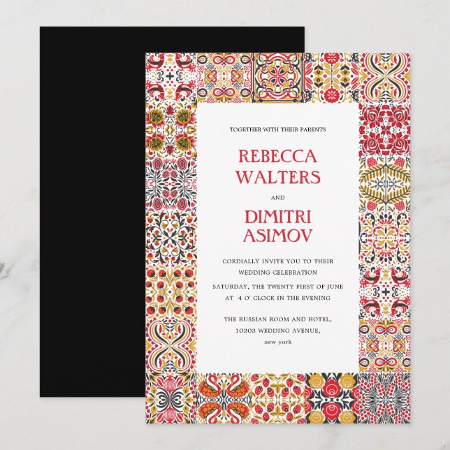 Invitation Art populaire russe Khokhloma Mariage frontalier (Devant / Derrière)