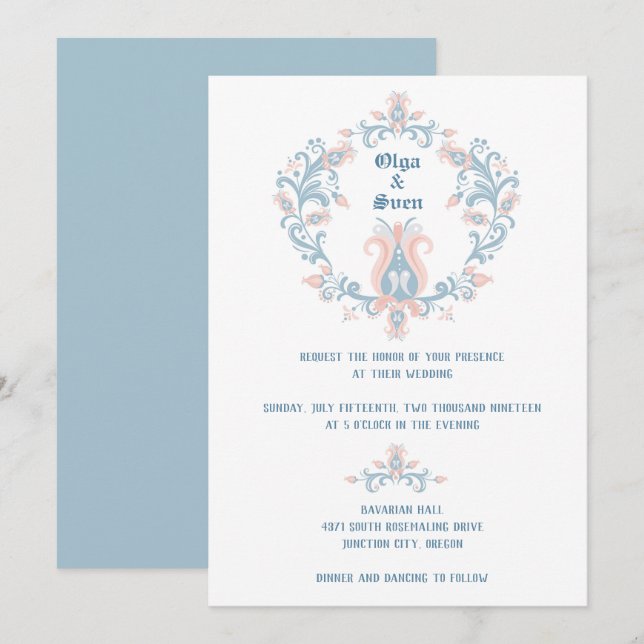 Invitation Art populaire scandinave Blush & Blue Mariage Invi (Devant / Derrière)
