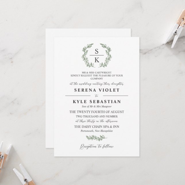 Invitation Artichoke Green Laurel Wreath Monogram Mariage (Devant/Arrière en situation)