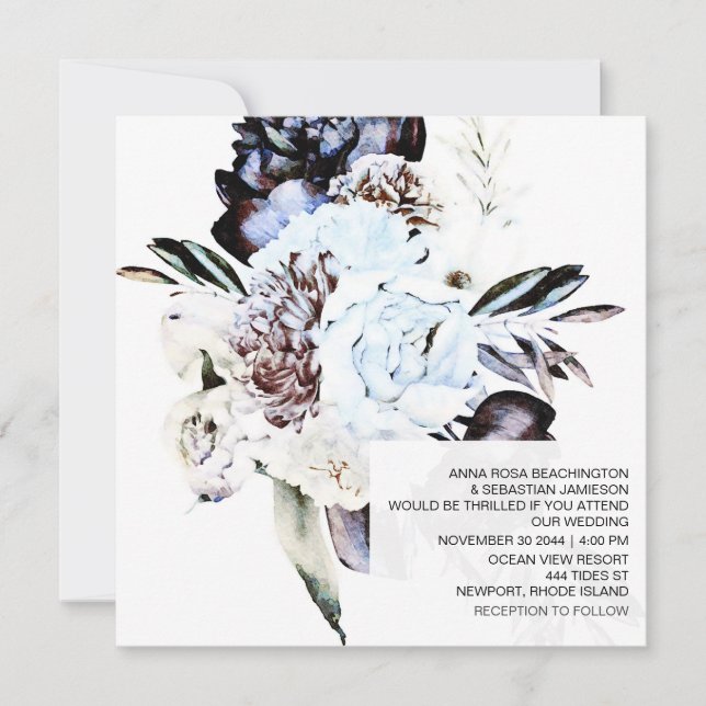 Invitation *~* Artistic AR15 QR RSVP MARIAGE floral bleu (Devant)